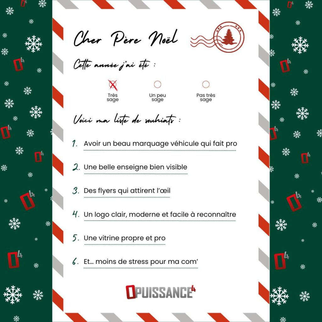 🎅✨ En cette fin d’année, nous avons regroupé les souhaits qui reviennent le plus souvent chez nos clients.

Des demandes simples, concrètes et essentielles pour faire rayonner leur activité :

✔️ Un marquage véhicule clair et professionnel
✔️ Une enseigne visible qui reflète leur identité
✔️ Des supports de communication soignés et cohérents
✔️ Un logo moderne et reconnaissable
✔️ Une vitrine accueillante et impactante
✔️ L’envie de gagner du temps en confiant leur image à un partenaire fiable

Chez O Puissance 4, nous avons à cœur d’accompagner chaque projet avec sérieux, créativité et proximité.

Votre image mérite toute notre attention, aujourd’hui, demain, et pour cette nouvelle année qui arrive. ✨

👉 Et vous, de quoi avez-vous besoin pour votre communication de Noël ou pour bien démarrer 2026 ? 

#opuissance4 #communicationvisuelle #enseigne #marquagevehicule #covering #alsace #entreprises #artisan #noel2025