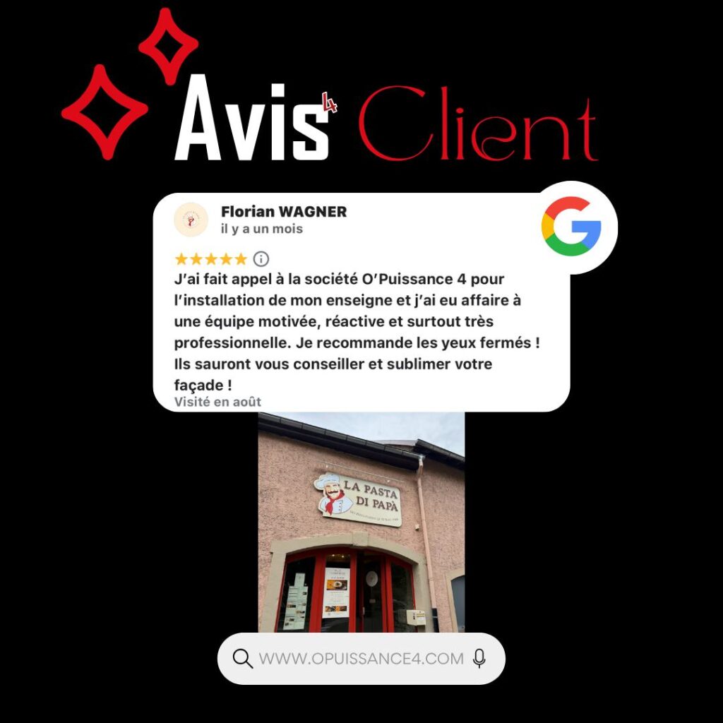 ⭐ La confiance de nos clients est notre meilleure référence. Merci pour ce témoignage.

📞 Vous avez un projet ? Contactez-nous pour un accompagnement sur mesure.

📍 OPUISSANCE4 – Entreprise familiale depuis 2006
📩 contact@opuissance4.com
📞 03 89 57 44 23

#avisclient #opuissance4 #professionnalisme #alsace #créationsurmesure #enseignelumineuse