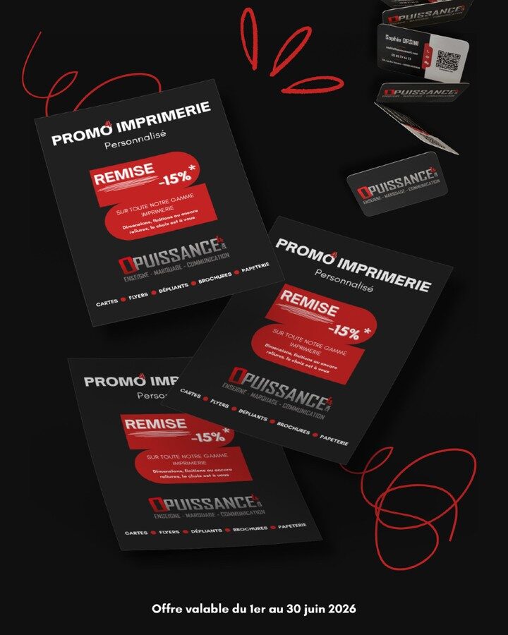 Promotion imprimerie juin 2026 -15%
📃 PROMO JUIN 2026 -15% IMPRIMERIE

Pendant tout le mois de juin, profitez de 15% de remise sur votre commande de produits d’imprimerie personnalisés.

L’occasion pour vous d’avoir des supports qui vous accompagnent partout, de valoriser votre image et de renforcer votre présence. 
Rendez-vous au showroom, 57a rue des Romains à Sausheim, ou bien sur notre site internet www.opuissance4.com pour passer commande ou faire un devis gratuitement. 

🎁 Offre valable du 1er au 30 juin 2026

📩 contact@opuissance4.com

📍 57a rue des Romains, Sausheim

#opuissance4 #imprimerie #alsace #communicationvisuelle