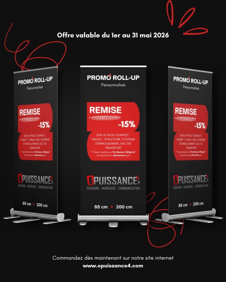 🪧 PROMO MAI 2026 -15% ROLL-UP

Pendant tout le mois de mai, profitez de 15% de remise sur votre commande de roll-up personnalisé.

L’occasion pour vous de capter l’attention dès le premier regard et de faire passer votre message, partout où vous êtes. 
Rendez-vous au showroom, 57a rue des Romains à Sausheim, ou bien sur notre site internet www.opuissance4.com pour passer commande ou faire un devis gratuitement. 

🎁 Offre valable du 1er au 31 mai 2026

📩 contact@opuissance4.com

📍 57a rue des Romains, Sausheim

#opuissance4 #plv #alsace #communicationvisuelle
