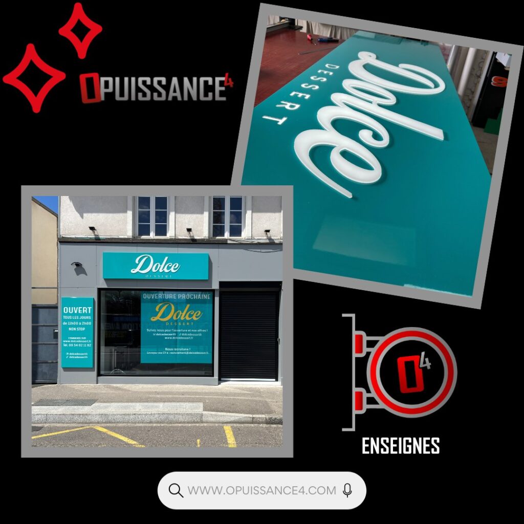 ✨ Nouvelle réalisation signée O PUISSANCE 4 ✨
Direction Dolce Dessert, une nouvelle adresse gourmande qui va bientôt régaler vos papilles ! 🍰🍦
🔹 Enseigne en relief 3D avec lettrage "Dolce" découpé et posé sur une façade élégante turquoise
🔹 Vitrophanie complète annonçant l’ouverture prochaine, horaires et informations pratiques
🔹 Un habillage de vitrine percutant, professionnel et 100% personnalisé
Notre équipe s’est occupée de la création, la fabrication et la pose complète de l’enseigne et des adhésifs vitrine. Le tout dans le respect de l’identité visuelle du client 💪
📍 Vous ouvrez prochainement votre commerce ?
Faites comme Dolce Dessert et contactez-nous pour une communication visuelle clé en main !
📩 contact@opuissance4.com
📞 03 89 57 44 23
📍 Sausheim 🥨
#OPuissance4 #Enseigne #Vitrine #Vitrophanie #CommunicationVisuelle #OuvertureProchaine #CommerceLocal #DolceDessert #Alsace #Sausheim #Graphisme #PoseEnseigne