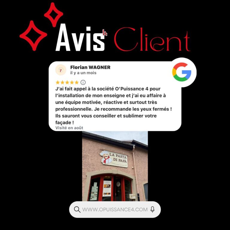 ⭐ La confiance de nos clients est notre meilleure référence. Merci pour ce témoignage.

📞 Vous avez un projet ? Contactez-nous pour un accompagnement sur mesure.

📍 OPUISSANCE4 – Entreprise familiale depuis 2006
📩 contact@opuissance4.com
📞 03 89 57 44 23

#avisclient #opuissance4 #professionnalisme #alsace #créationsurmesure #enseignelumineuse