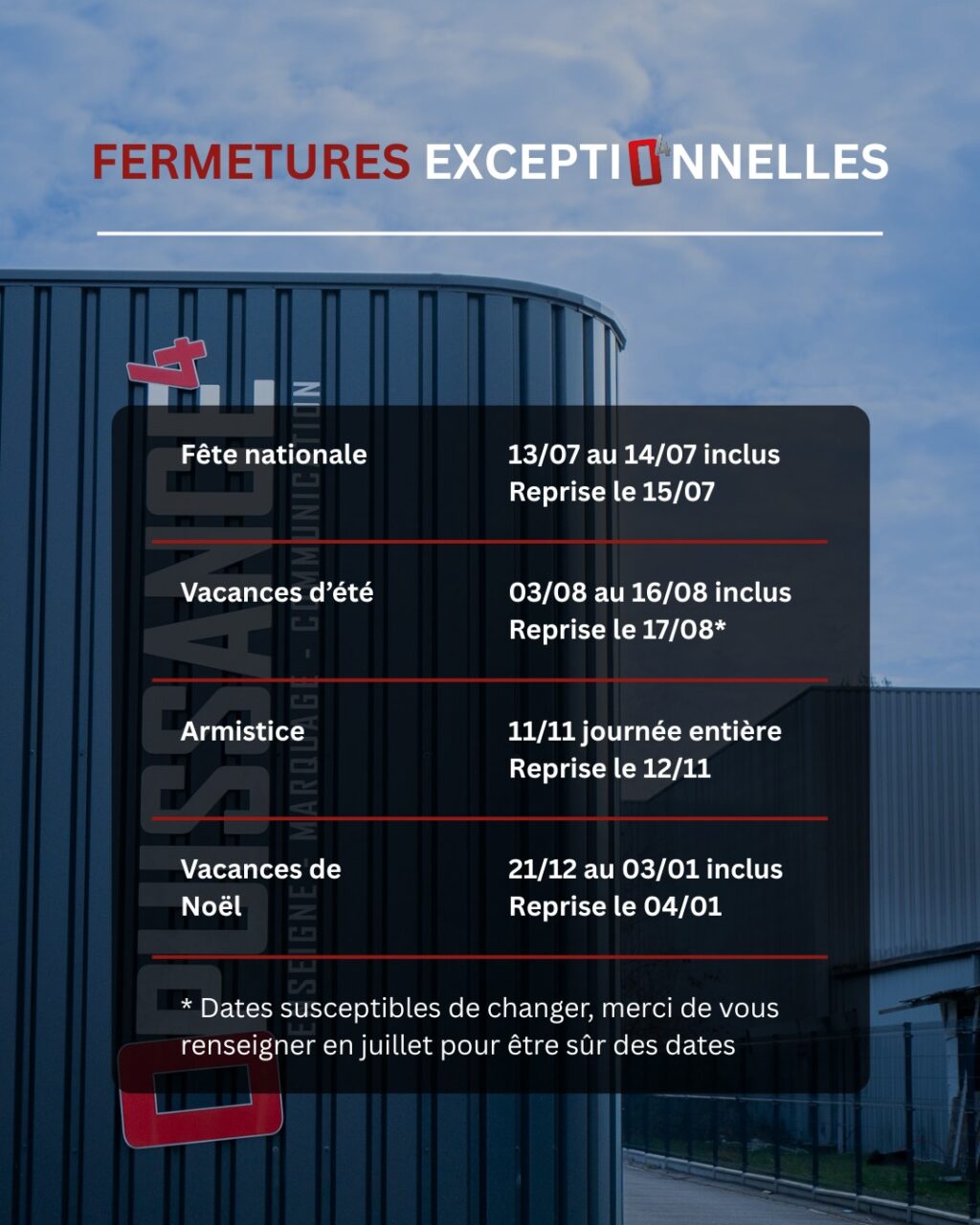 Information à ne pas manquer 📢

À l’occasion des jours fériés, nos locaux seront exceptionnellement fermés.

Aucun accueil sur place ne sera possible durant ces dates.

✔️ Pensez à anticiper vos demandes
✔️ Fermeture des locaux pendant les jours concernés
✔️ Reprise dès la réouverture

Un projet à prévoir ? Contactez-nous en amont 📲

Merci pour votre compréhension 🤝

🌐 https://www.opuissance4.com 

📩 contact@opuissance4.com 

📍 57a rue des Romains, Sausheim