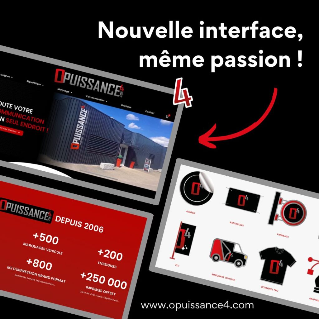 ✨ Nouvelle interface, mêmes valeurs : créativité, réactivité et savoir-faire ✨
Chez Opuissance4, nous avons repensé notre site pour vous offrir une expérience encore plus fluide et inspirante.
🎯 De la signalétique à la carte de visite, du vêtement pro au marquage véhicule, sans oublier les enseignes…
Vous trouverez toute votre communication au même endroit.
🧠 Tous vos projets, personnalisés de A à Z.
🛍️ Une nouvelle boutique en ligne
👕 Une collection de vêtements professionnels
📸 Des réalisations concrètes pour vous projeter
🔥 Et des offres à ne pas manquer !
👉 Entrez dans notre univers sur :
🌐 https://www.opuissance4.com
#Opuissance4 #CommunicationGlobale #Personnalisation #MarquageVéhicule #Signalétique #TextilePersonnalisé #Enseigne #ObjetsPublicitaires #Vitrine #PLV #stand