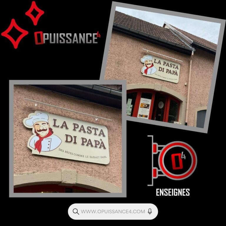 ✨ Une nouvelle enseigne vient de voir le jour ✨

Chez OPUISSANCE4, chaque projet est imaginé, fabriqué et posé avec soin dans notre atelier à Sausheim 🥨.

Notre équipe a eu le plaisir de réaliser et installer la nouvelle enseigne du restaurant La Pasta di Papà 🍝.

🔧 Une conception artisanale, réalisée dans nos locaux
👨‍🔧 Une pose assurée par nos techniciens expérimentés
🌟 Et un moment marquant : le premier chantier de notre nouvel apprenti à l’atelier !

Un grand merci à La Pasta di Papà pour leur confiance. 🙏

📍 OPUISSANCE4 – Entreprise familiale depuis 2006
📩 communication@opuissance4.com
📞 03 89 57 44 23