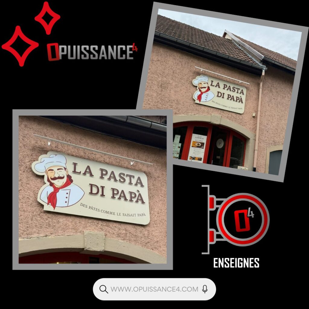✨ Une nouvelle enseigne vient de voir le jour ✨

Chez OPUISSANCE4, chaque projet est imaginé, fabriqué et posé avec soin dans notre atelier à Sausheim 🥨.

Notre équipe a eu le plaisir de réaliser et installer la nouvelle enseigne du restaurant La Pasta di Papà 🍝.

🔧 Une conception artisanale, réalisée dans nos locaux
👨‍🔧 Une pose assurée par nos techniciens expérimentés
🌟 Et un moment marquant : le premier chantier de notre nouvel apprenti à l’atelier !

Un grand merci à La Pasta di Papà pour leur confiance. 🙏

📍 OPUISSANCE4 – Entreprise familiale depuis 2006
📩 communication@opuissance4.com
📞 03 89 57 44 23