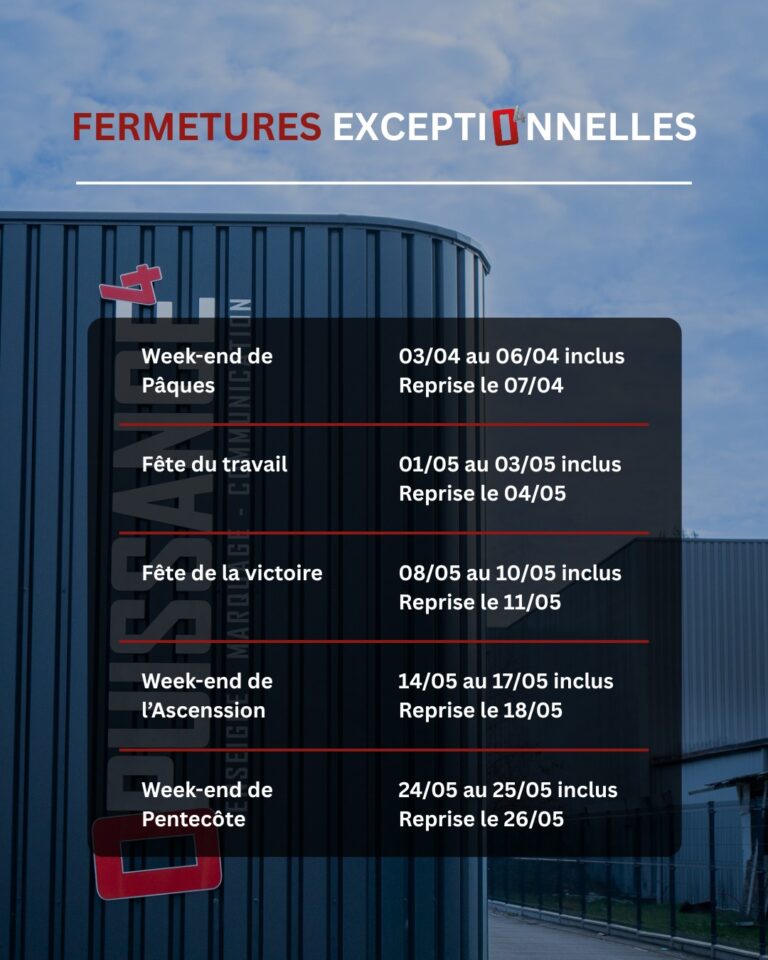 Information à ne pas manquer 📢

À l’occasion des jours fériés, nos locaux seront exceptionnellement fermés.

Aucun accueil sur place ne sera possible durant ces dates.

✔️ Pensez à anticiper vos demandes
✔️ Fermeture des locaux pendant les jours concernés
✔️ Reprise dès la réouverture

Un projet à prévoir ? Contactez-nous en amont 📲

Merci pour votre compréhension 🤝

🌐 https://www.opuissance4.com 

📩 contact@opuissance4.com 

📍 57a rue des Romains, Sausheim