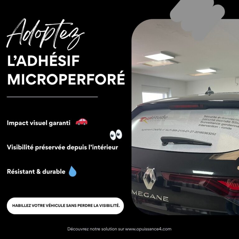 🚗 Habillez votre véhicule sans perdre la visibilité !

Le vinyle microperforé est la solution idéale pour afficher votre communication sur la route tout en conservant une vue claire depuis l’intérieur.

Grâce à sa technologie “voir sans être vu”, vous profitez :

✨ d’un visuel impactant et parfaitement lisible
✨ d’une transparence intérieure préservée pour une conduite confortable
✨ d’un matériau résistant aux UV, à la pluie et aux lavages

Idéal pour les véhicules utilitaires, artisans, entreprises de services et toutes les sociétés qui souhaitent être visibles partout, tout le temps.

🛠️ Chez O Puissance 4, nous assurons la création graphique, l’impression et la pose professionnelle pour un rendu propre et durable.

👉 Contactez-nous et transformons-le en outil de communication puissant.

📍 OPUISSANCE4 – Entreprise familiale depuis 2006
📩 contact@opuissance4.com
📞 03 89 57 44 23