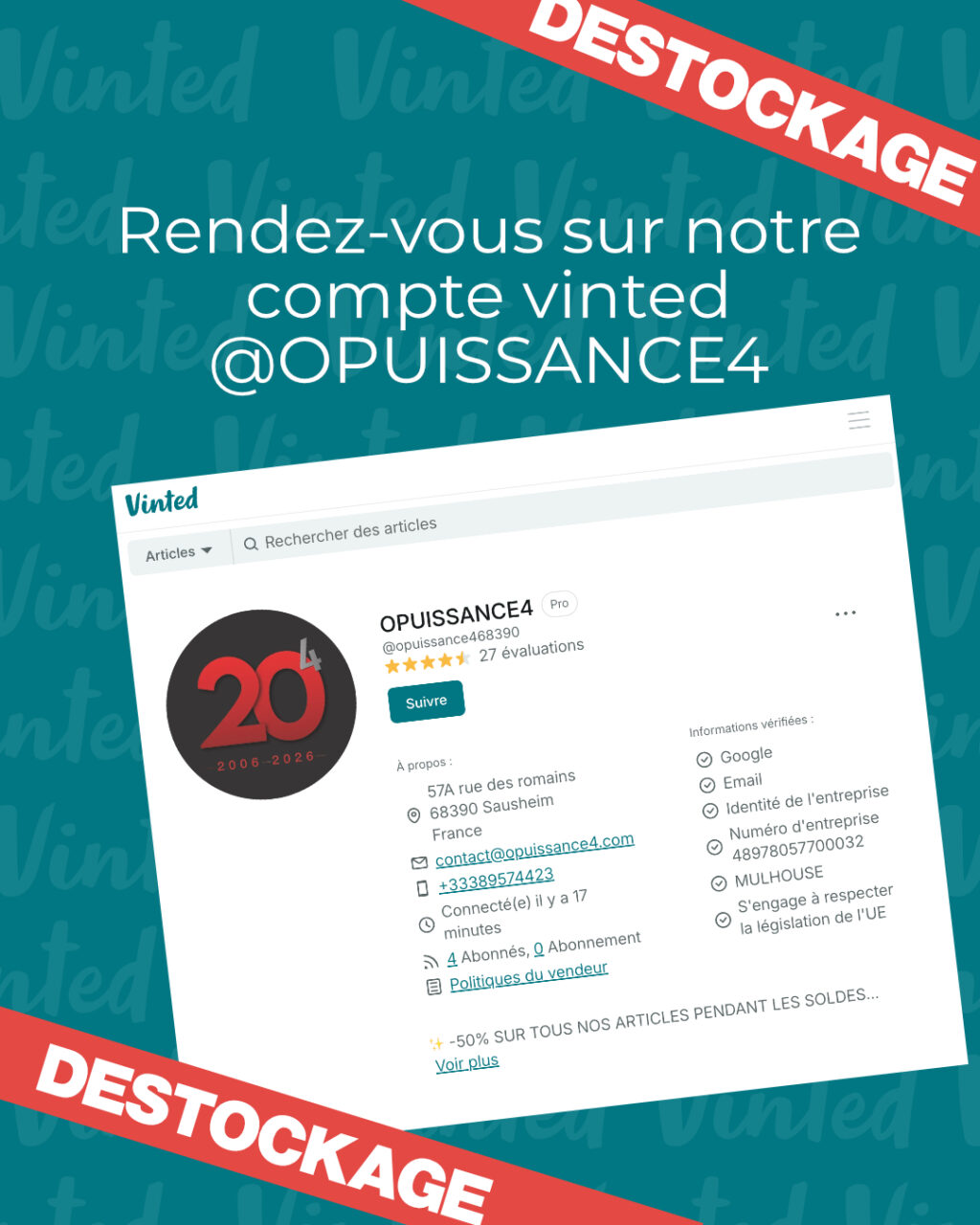 Déstockage vêtements sur Vinted !

Nous faisons un grand tri dans notre stock textile : vêtements, modèles d’essai, fins de séries… plusieurs articles sont disponibles à petits prix sur notre Vinted !

C’est le moment de faire de bonnes affaires tout en donnant une seconde vie à nos textiles ✨

👉 Retrouvez-nous sur Vinted : O PUISSANCE 4

Premier arrivé, premier servi !