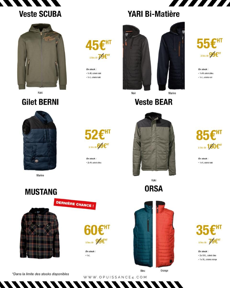 🚨 VENTES PRIVÉES chez OPUISSANCE4 🚨
Jusqu’à -50% sur une sélection de vêtements pros BOSSEUR !
👖 Pantalons, vestes, chaussures, accessoires… tout pour équiper les pros à prix réduits 💥

📍 Essayage et vente dans notre showroom à Sausheim
📆 Offre valable jusqu’à épuisement des stocks

📲 Feuilletez le catalogue complet en slider ➡️

📞 Une question ? Besoin d’un conseil ?
Contactez-nous au 03.89.57.44.23 ou par mail à communication@opuissance4.com