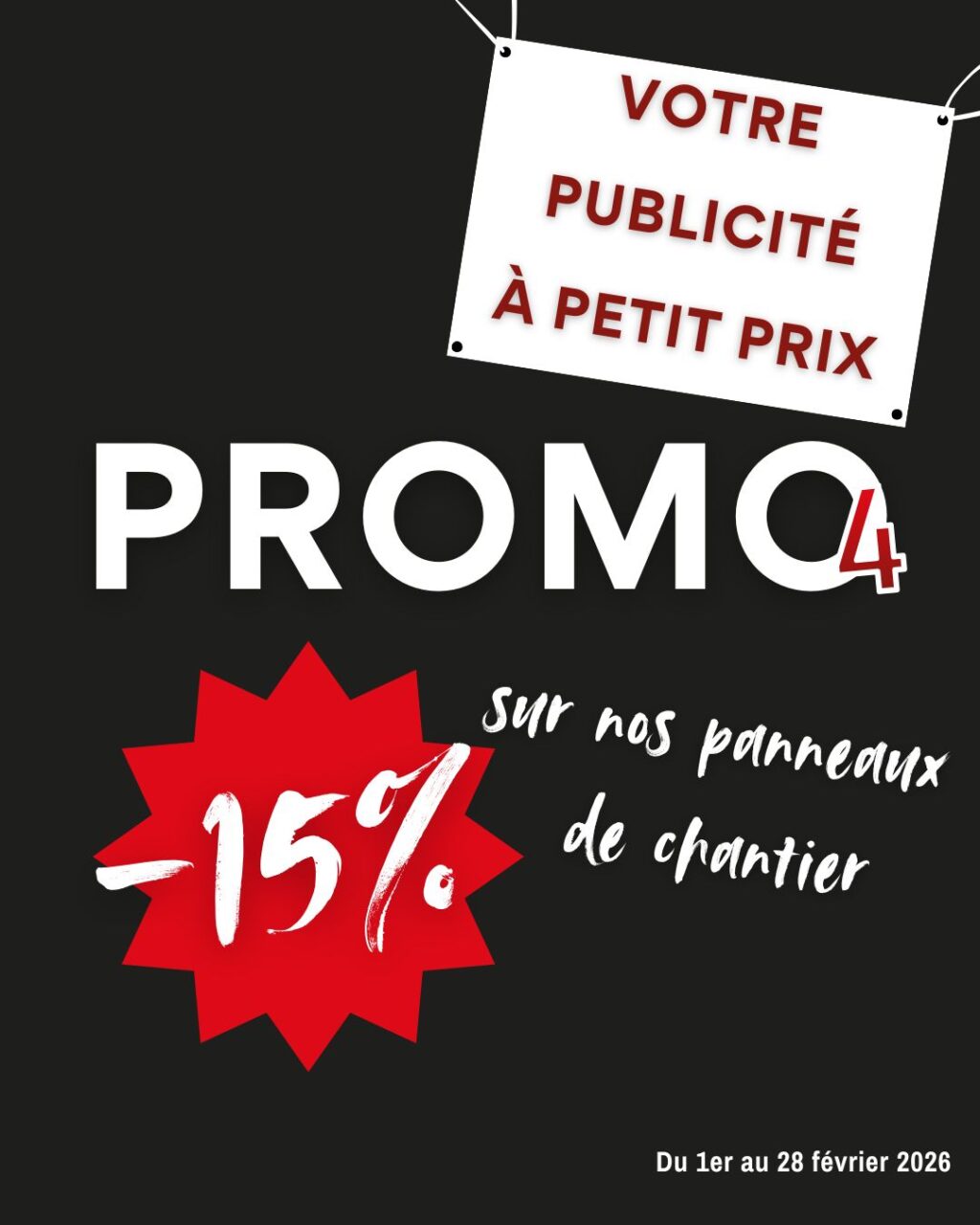 🚧 En février, boostez la visibilité de vos chantiers ! 🚧

Il vous reste encore 3 semaines pour profiter de -15 % sur nos panneaux de chantier 🎯
C’est le moment idéal pour booster votre visibilité et afficher une image professionnelle directement sur vos chantiers.

✅ Impression haute qualité
✅ Matériaux résistants aux intempéries
✅ Fabrication soignée
✅ Accompagnement personnalisé

Artisans, entreprises du bâtiment ou professionnels en pleine activité : équipez-vous maintenant et démarquez-vous sur le terrain.

📩 Contactez-nous pour votre devis et concrétisons votre projet !